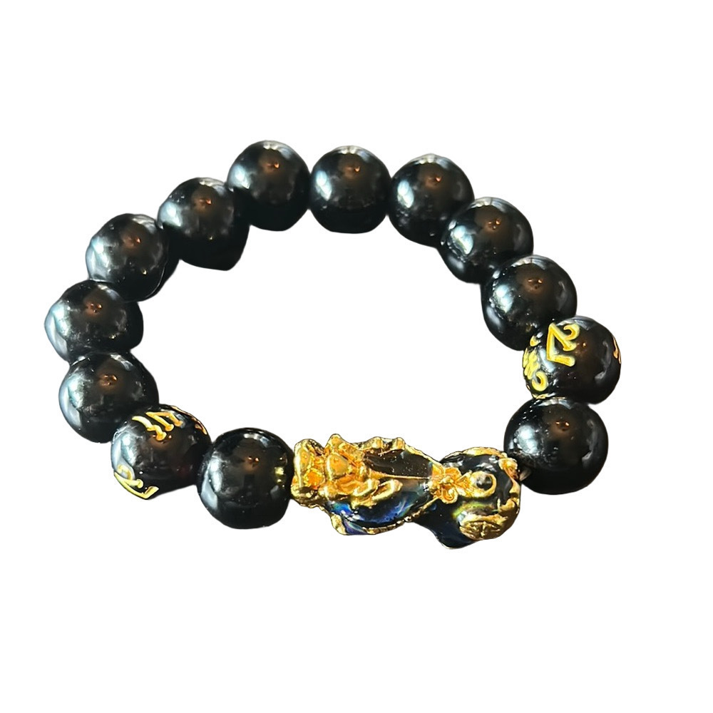 Feng shui, dragon, wealth, Black obsidian and Gold Beaded Bracelet